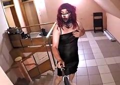 Shemale Slurpiums Dildo Ride on Apartment Building Landing