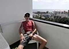 Horny Twink Jacks Big Cock on Balcony Beside Horny Neighbor